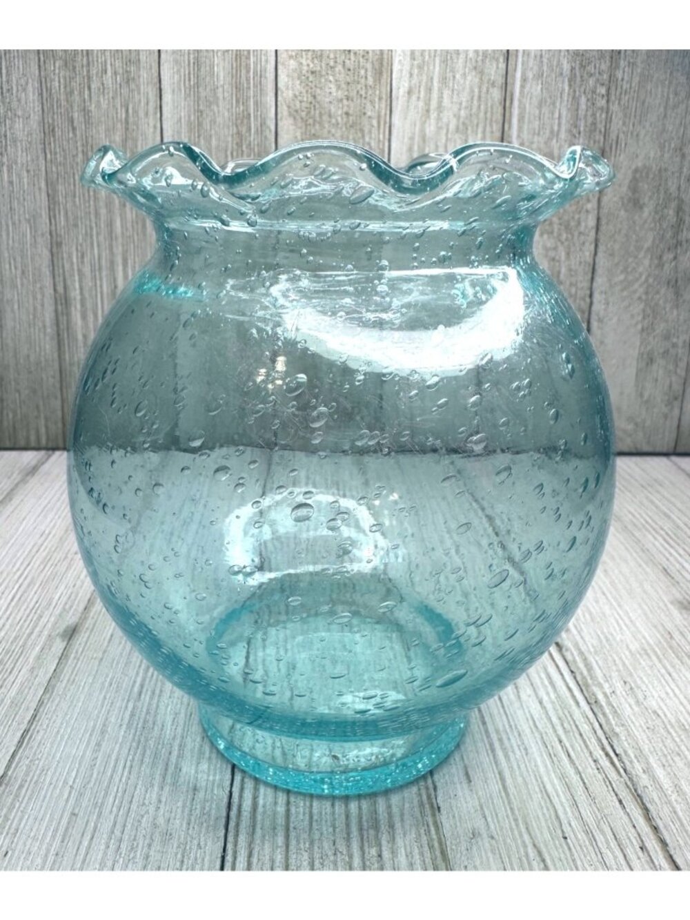 Vtg Light Blue Bubble Glass Vase with Ruffled Lip 5" Tall 4" Diameter
